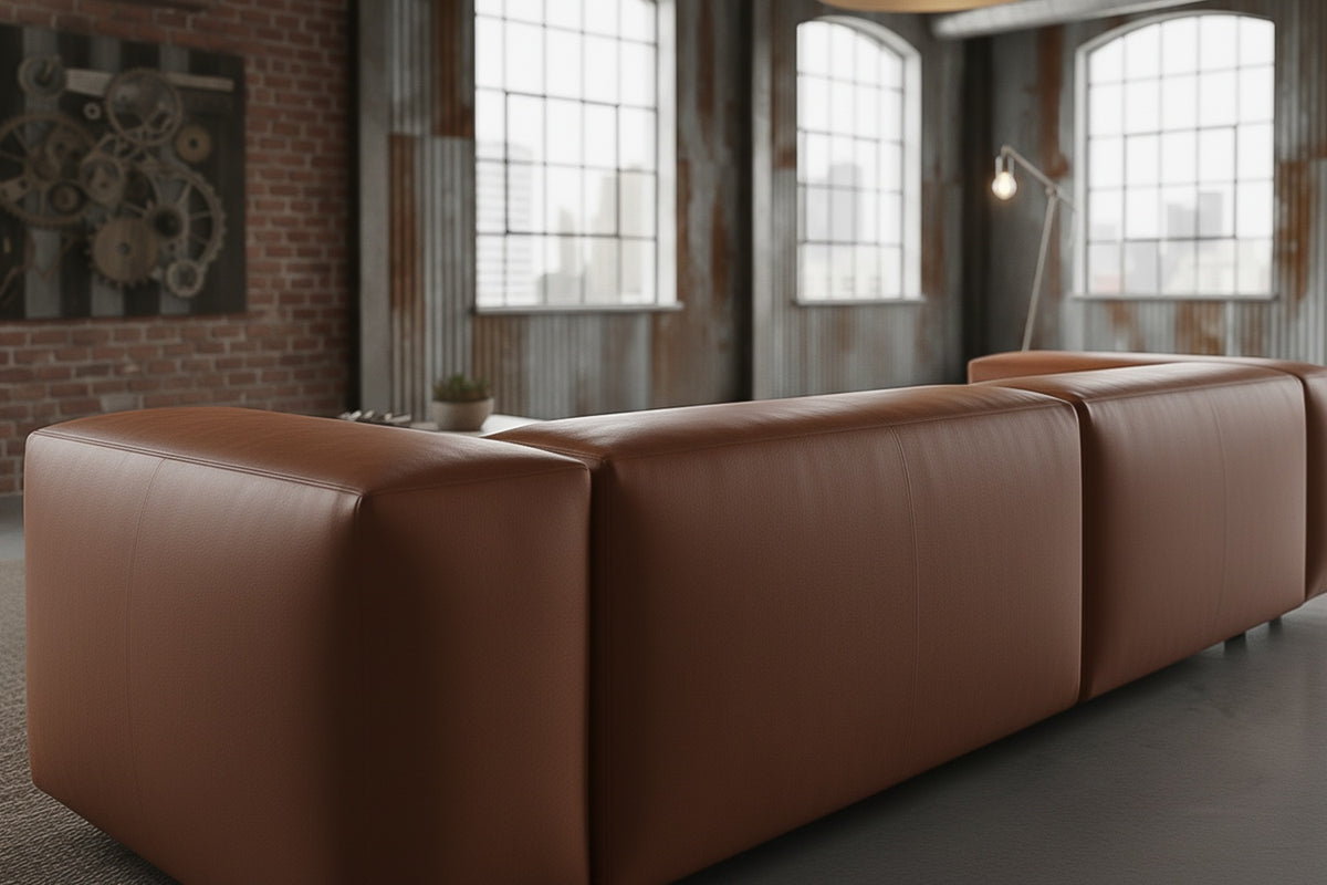 KAWOLA Sofa CELESTE 4-Sitzer mit Hocker Lederfaserstoff cognac