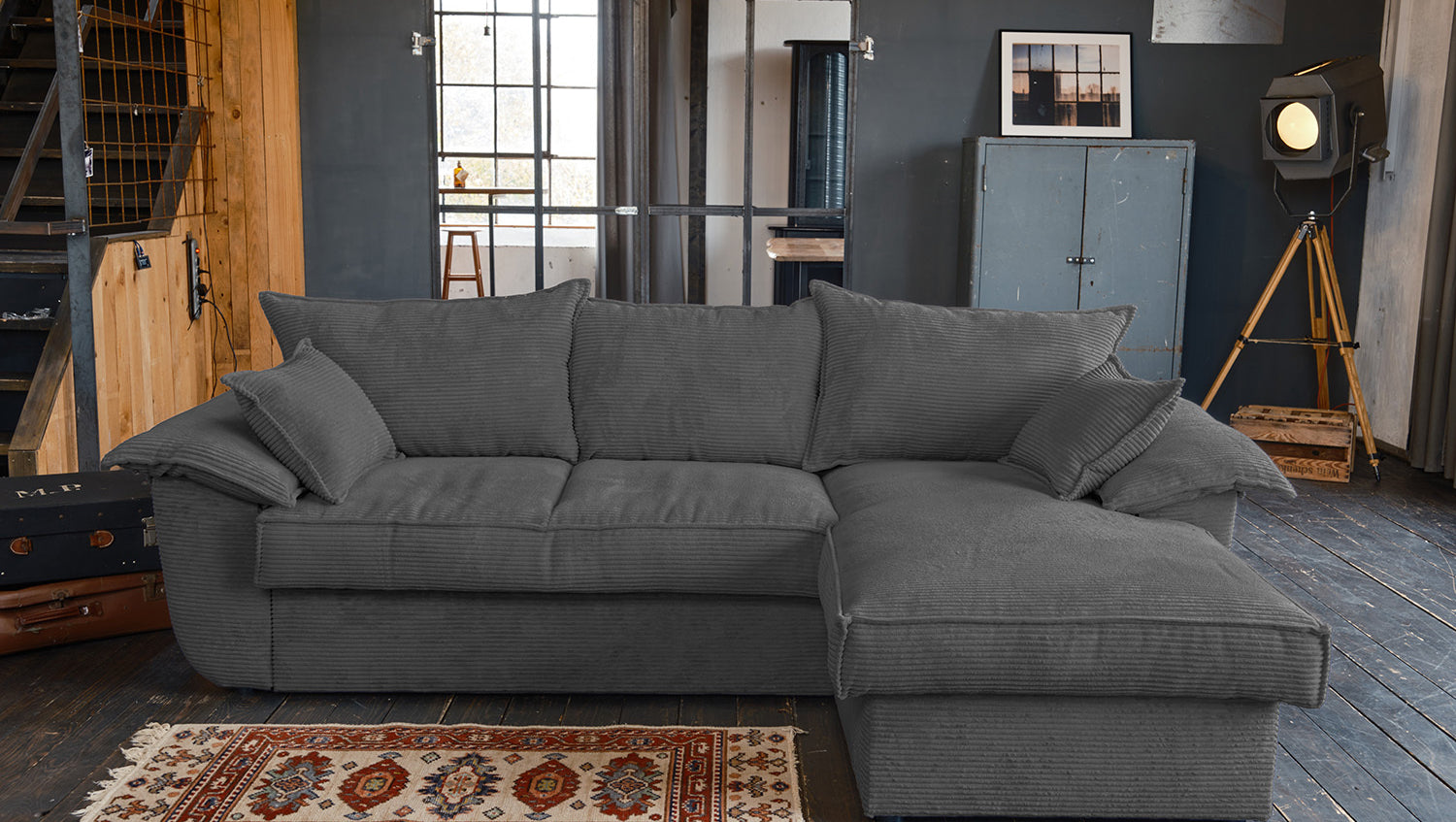 KAWOLA Sofa DAMETO Ecksofa Bettsofa Schlafsofa mit Stauraum Cord grau