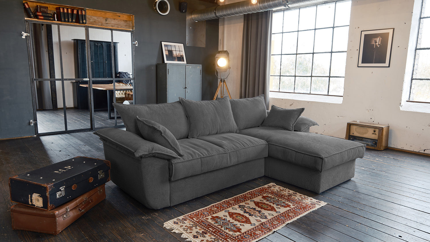 KAWOLA Sofa DAMETO Ecksofa Bettsofa Schlafsofa mit Stauraum Cord grau