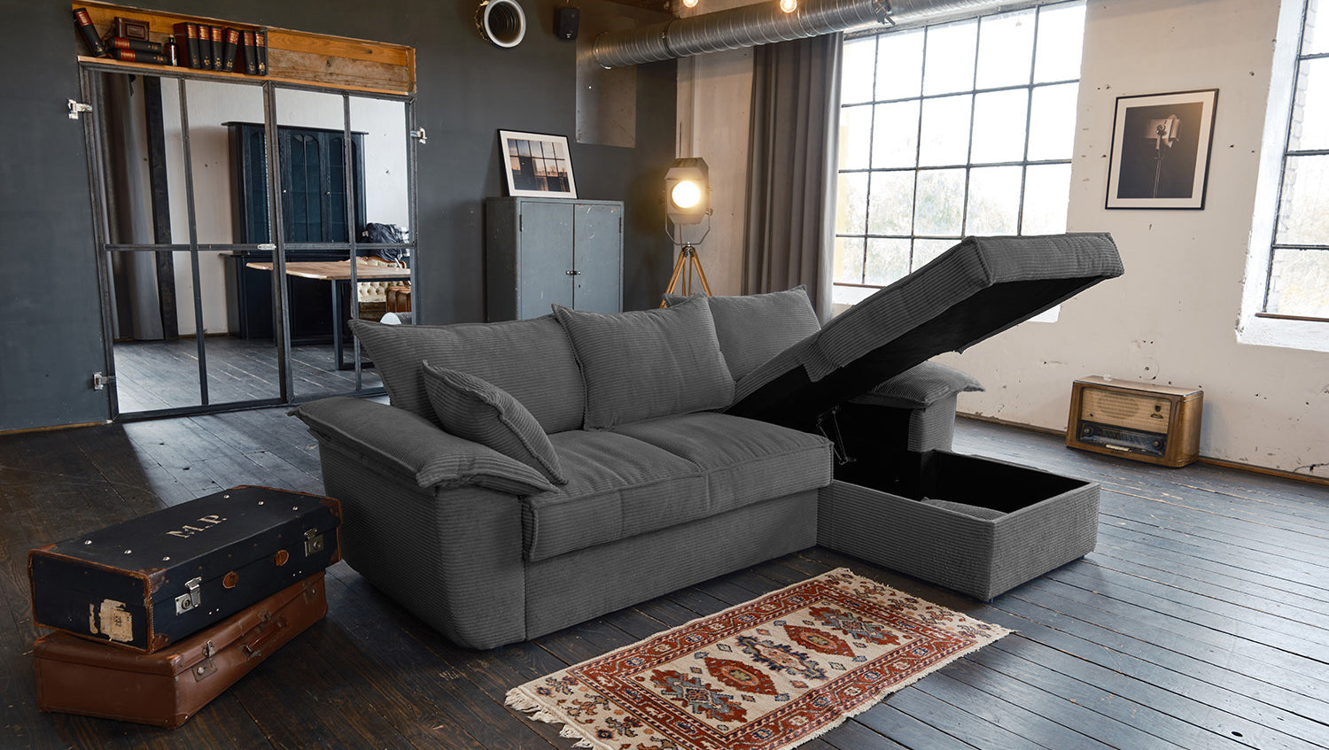 KAWOLA Sofa DAMETO Ecksofa Bettsofa Schlafsofa mit Stauraum Cord grau