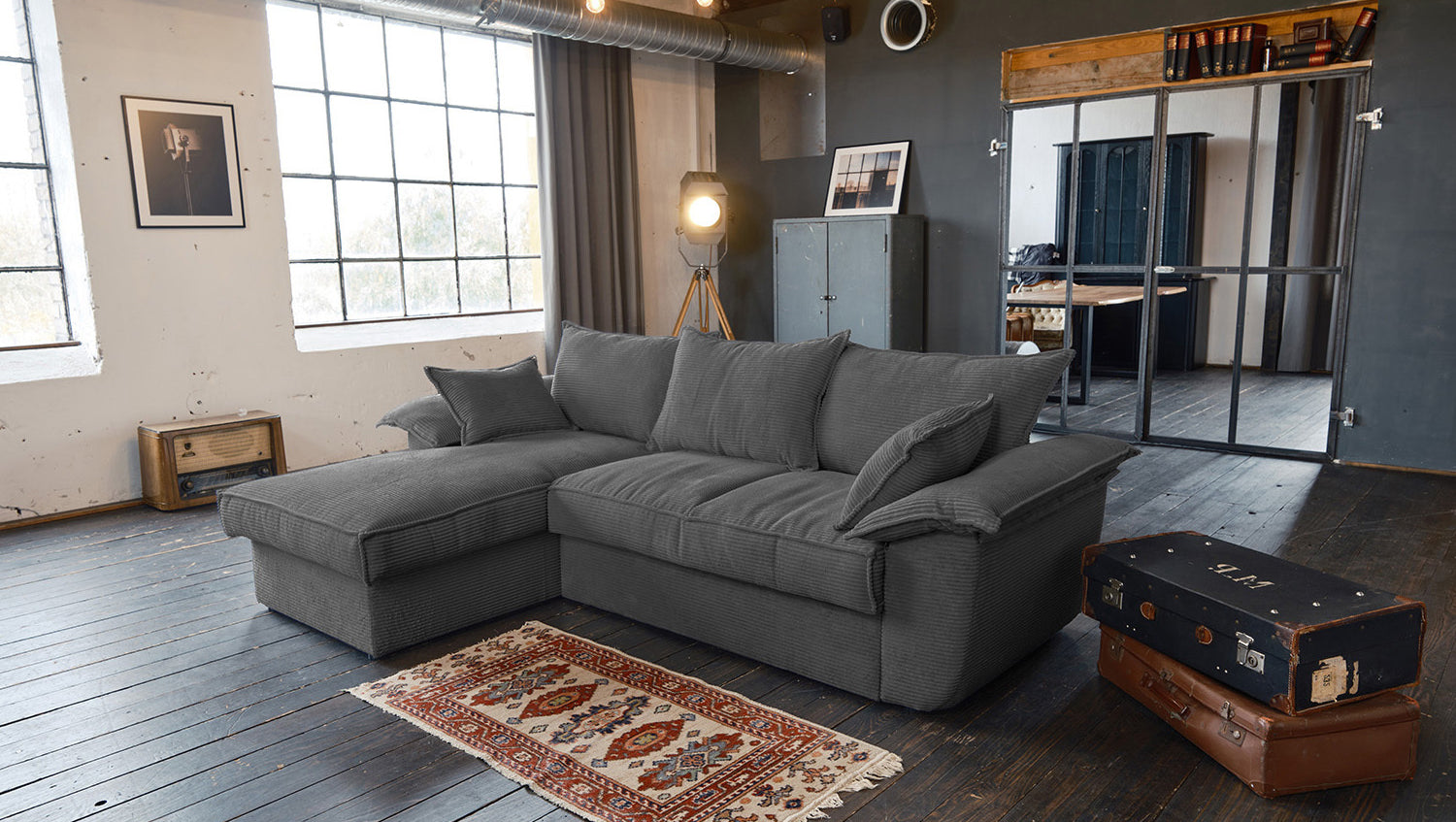 KAWOLA Sofa DAMETO Ecksofa Bettsofa Schlafsofa mit Stauraum Cord grau