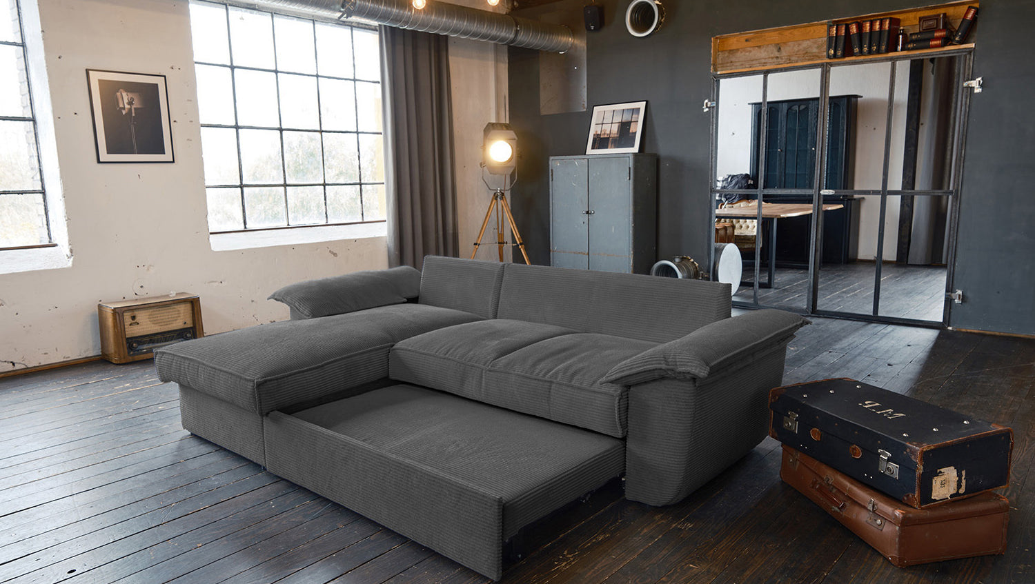 KAWOLA Sofa DAMETO Ecksofa Bettsofa Schlafsofa mit Stauraum Cord grau