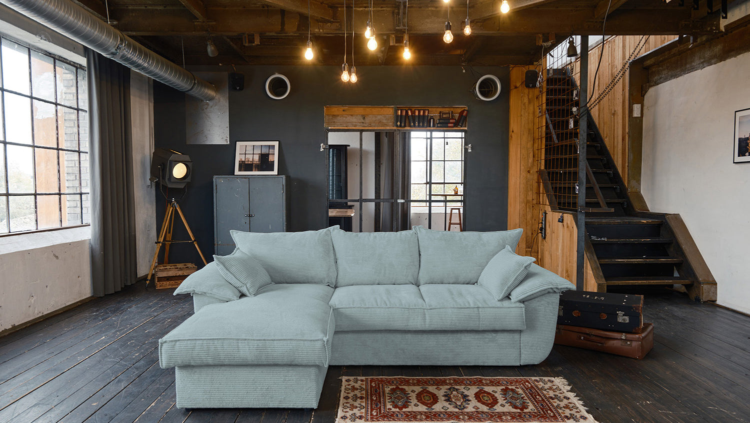 KAWOLA Sofa DAMETO Ecksofa Bettsofa Schlafsofa mit Stauraum Cord hellblau, Links