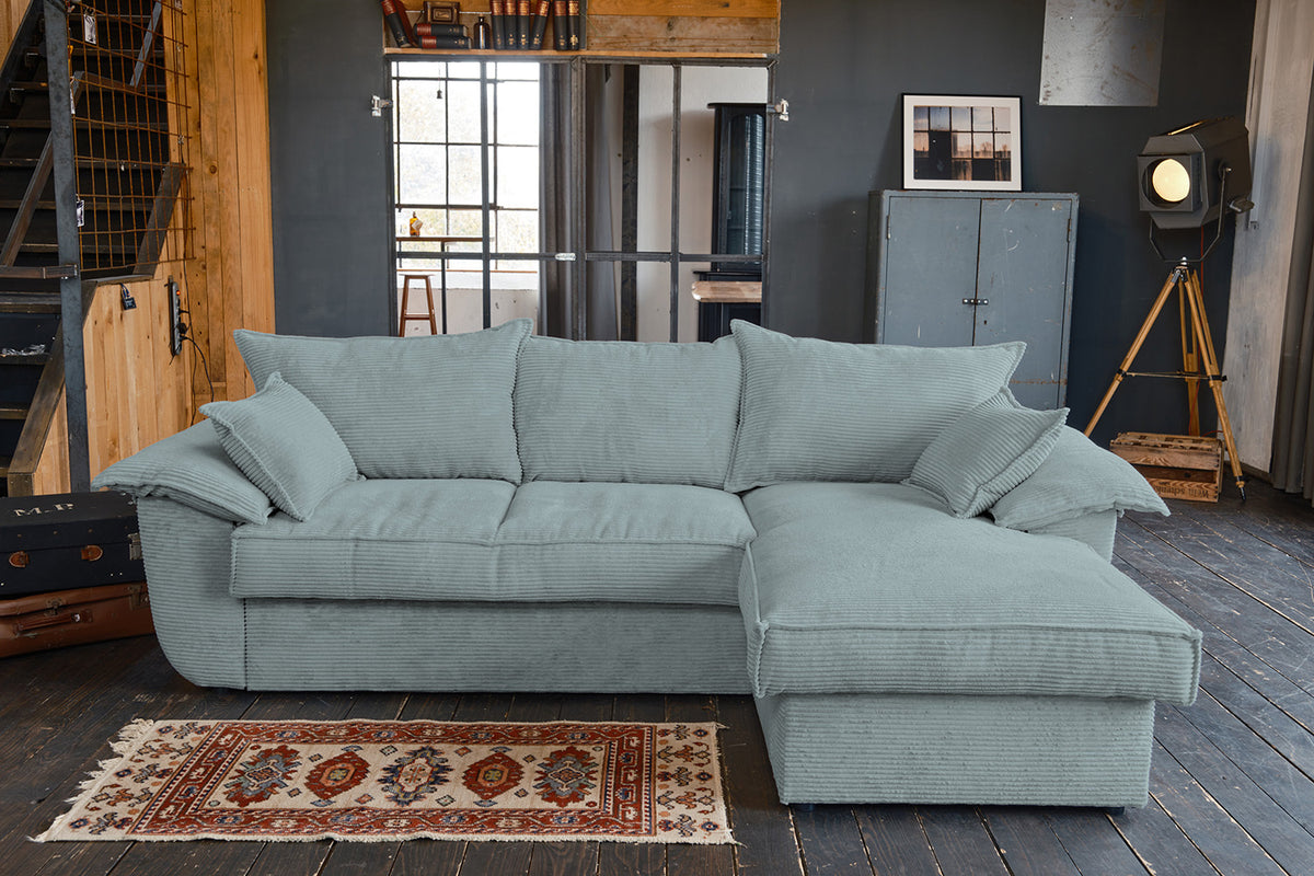 KAWOLA Sofa DAMETO Ecksofa Bettsofa Schlafsofa mit Stauraum Cord hellblau