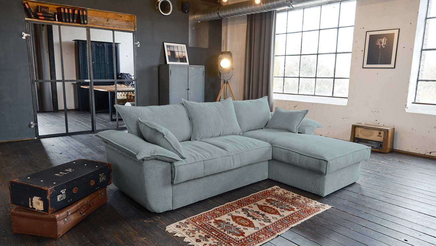 KAWOLA Sofa DAMETO Ecksofa Bettsofa Schlafsofa mit Stauraum Cord hellblau