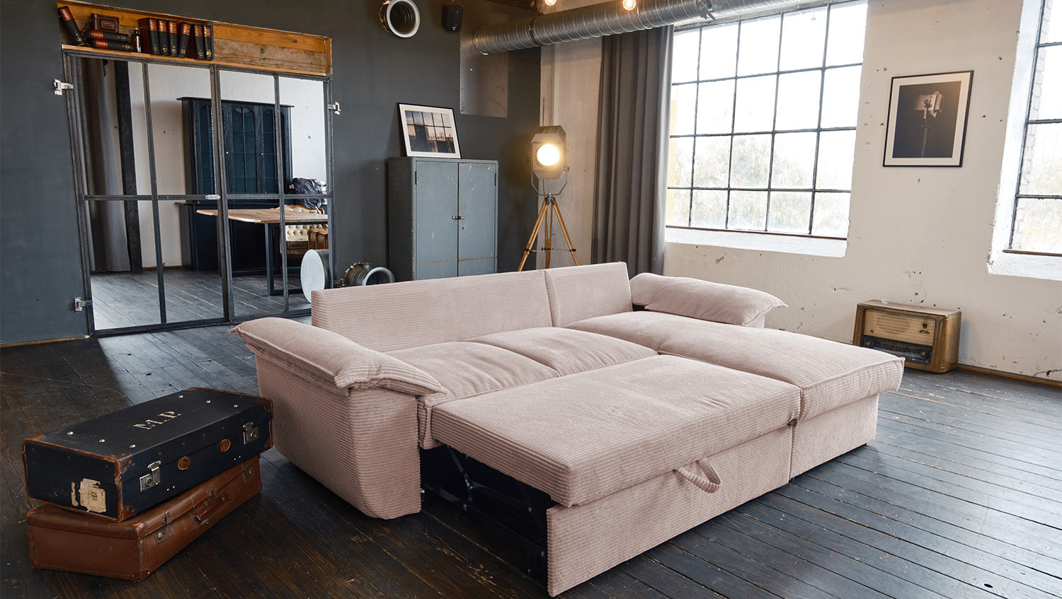 KAWOLA Sofa DAMETO Ecksofa Bettsofa Schlafsofa mit Stauraum Cord rosa