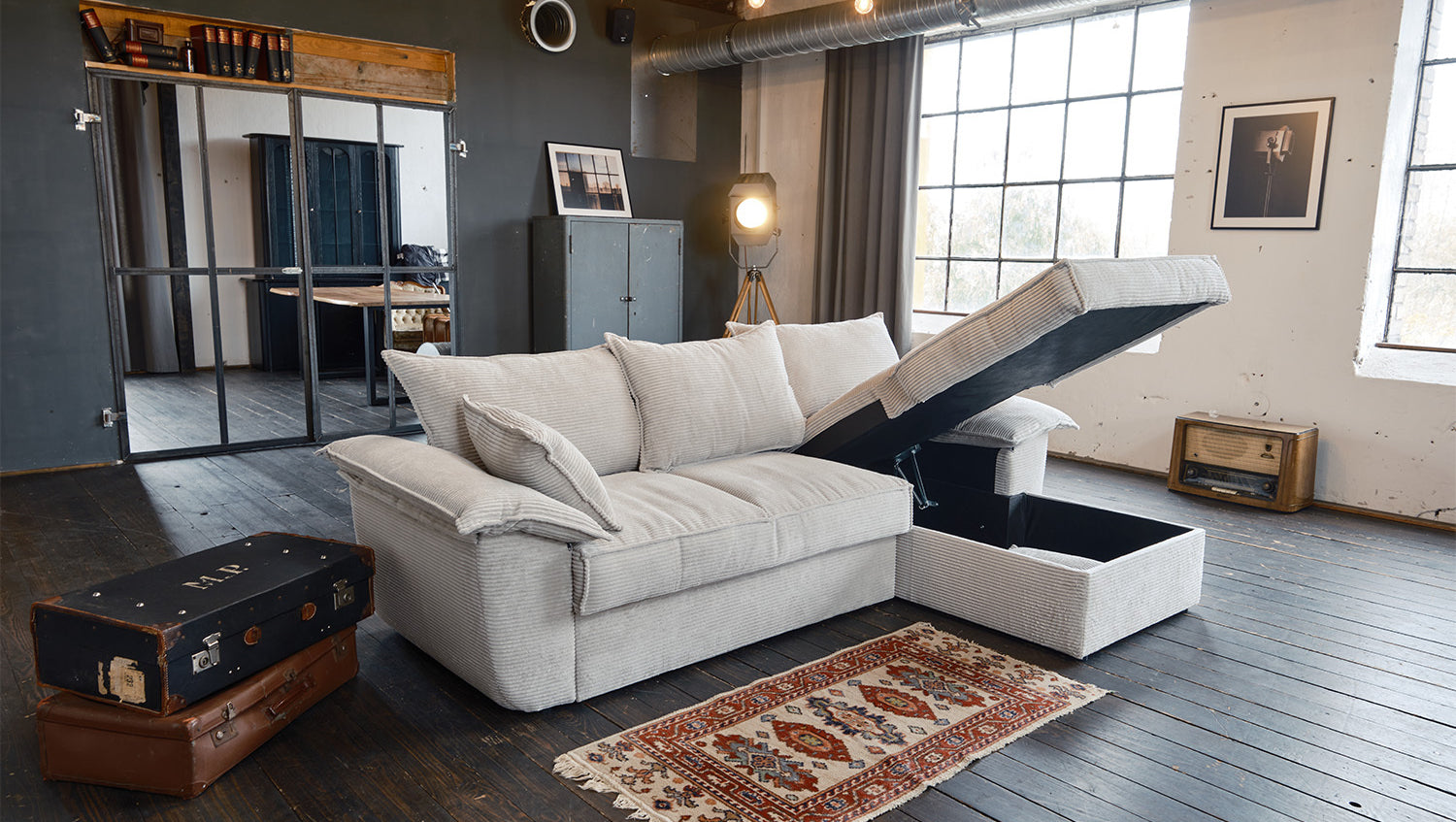 KAWOLA Sofa DAMETO Ecksofa Bettsofa Schlafsofa mit Stauraum Cord weiß