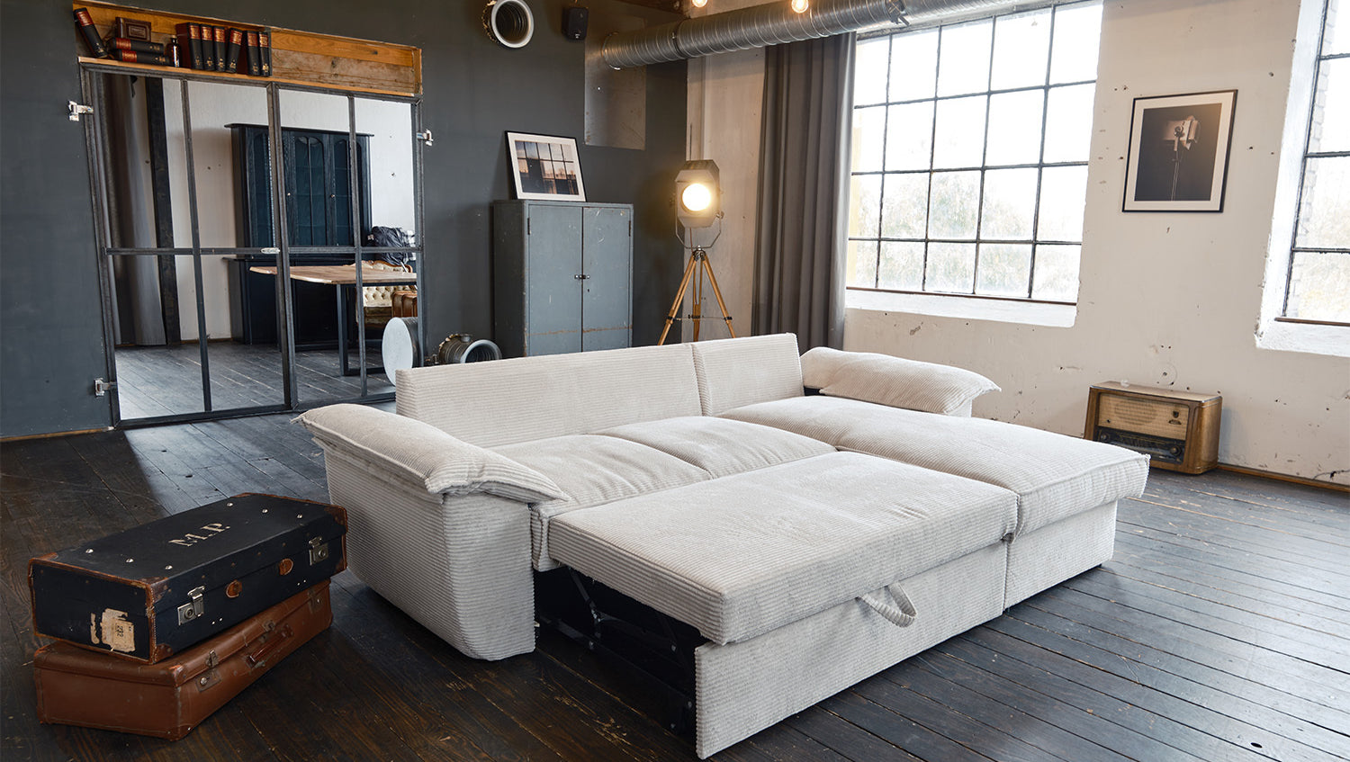 KAWOLA Sofa DAMETO Ecksofa Bettsofa Schlafsofa mit Stauraum Cord weiß