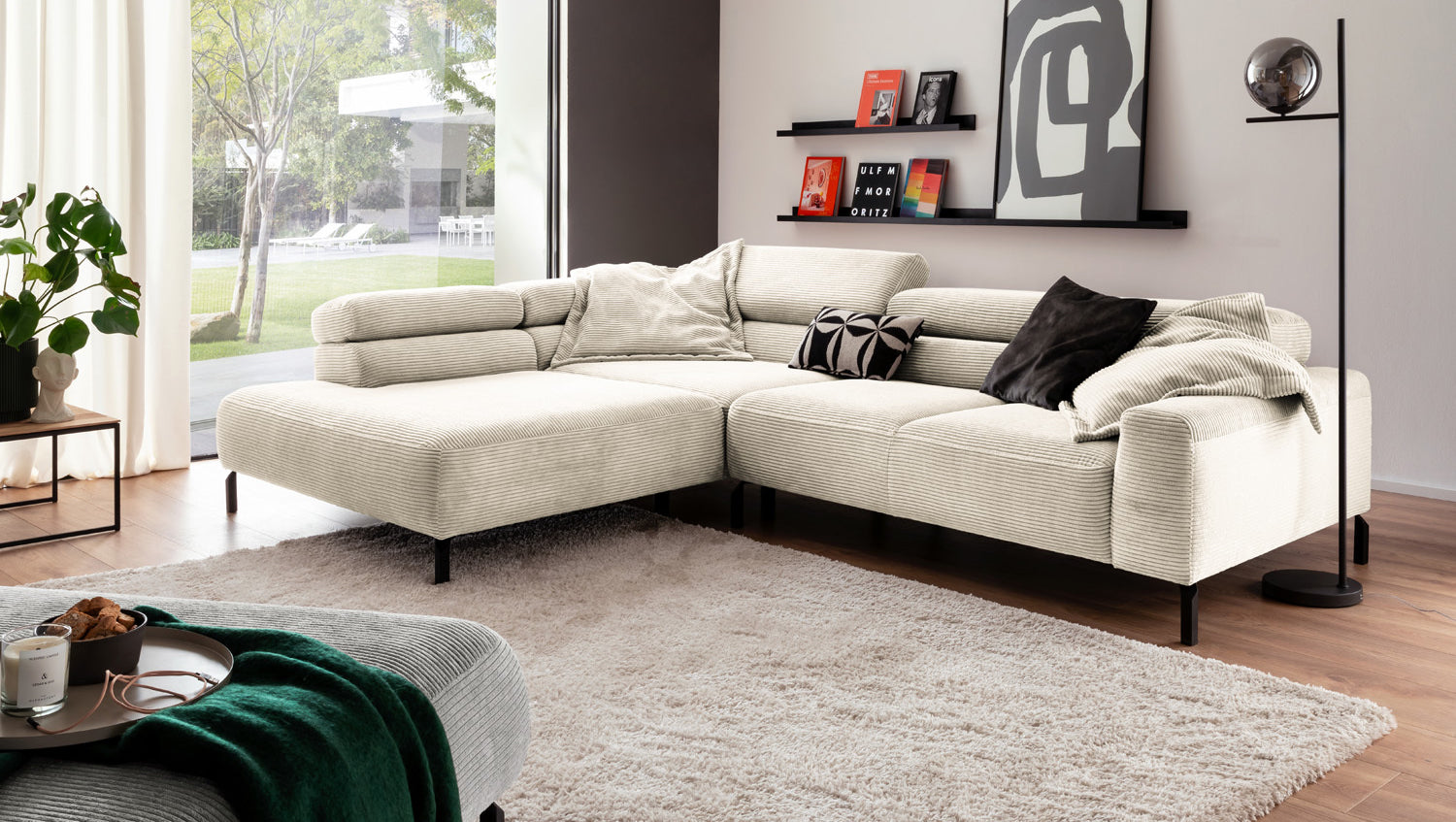 KAWOLA Sofa DELIA Ecksofa Cord cremeweiß, 276 x 219, Links, Relaxfunktion