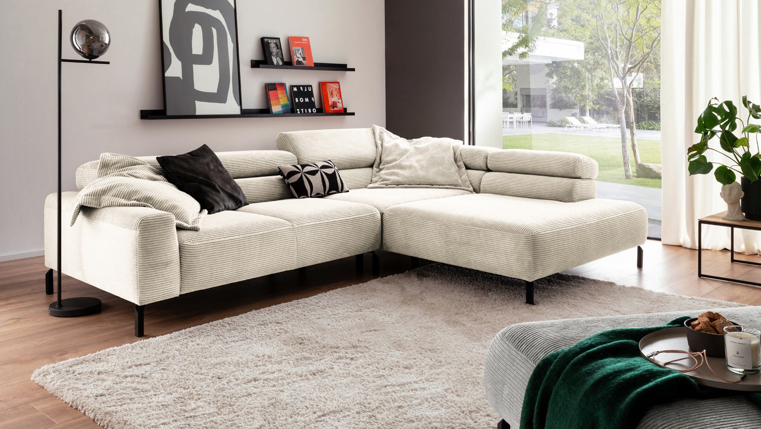 KAWOLA Sofa DELIA Ecksofa Cord cremeweiß, 276 x 219, Rechts, Ohne Komfortfunktion