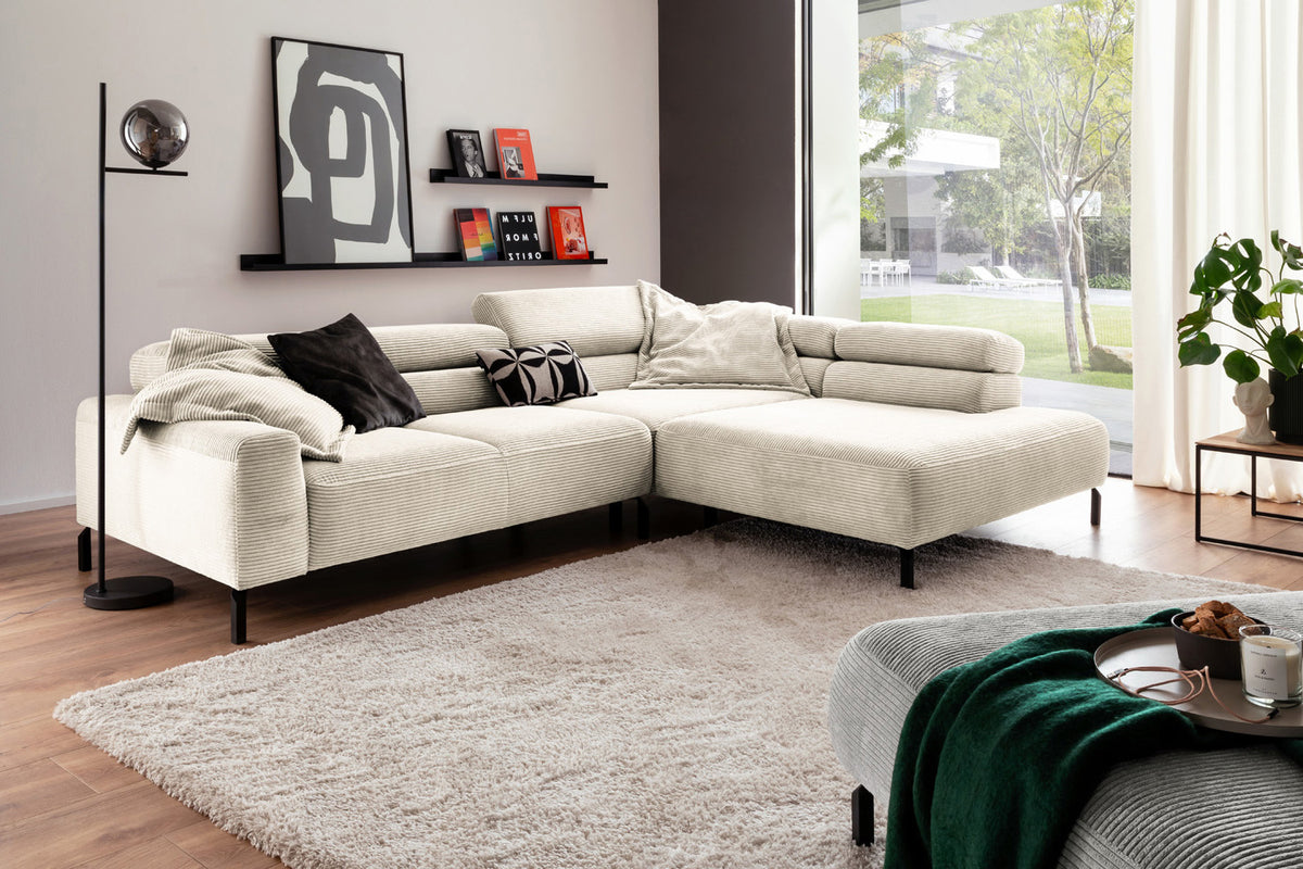 KAWOLA Sofa DELIA Ecksofa Cord cremeweiß, 312 x 219, Rechts, Relaxfunktion