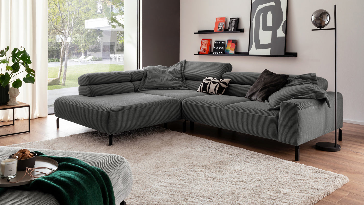 KAWOLA Sofa DELIA Ecksofa Cord grau, 276 x 219, Links, Relaxfunktion