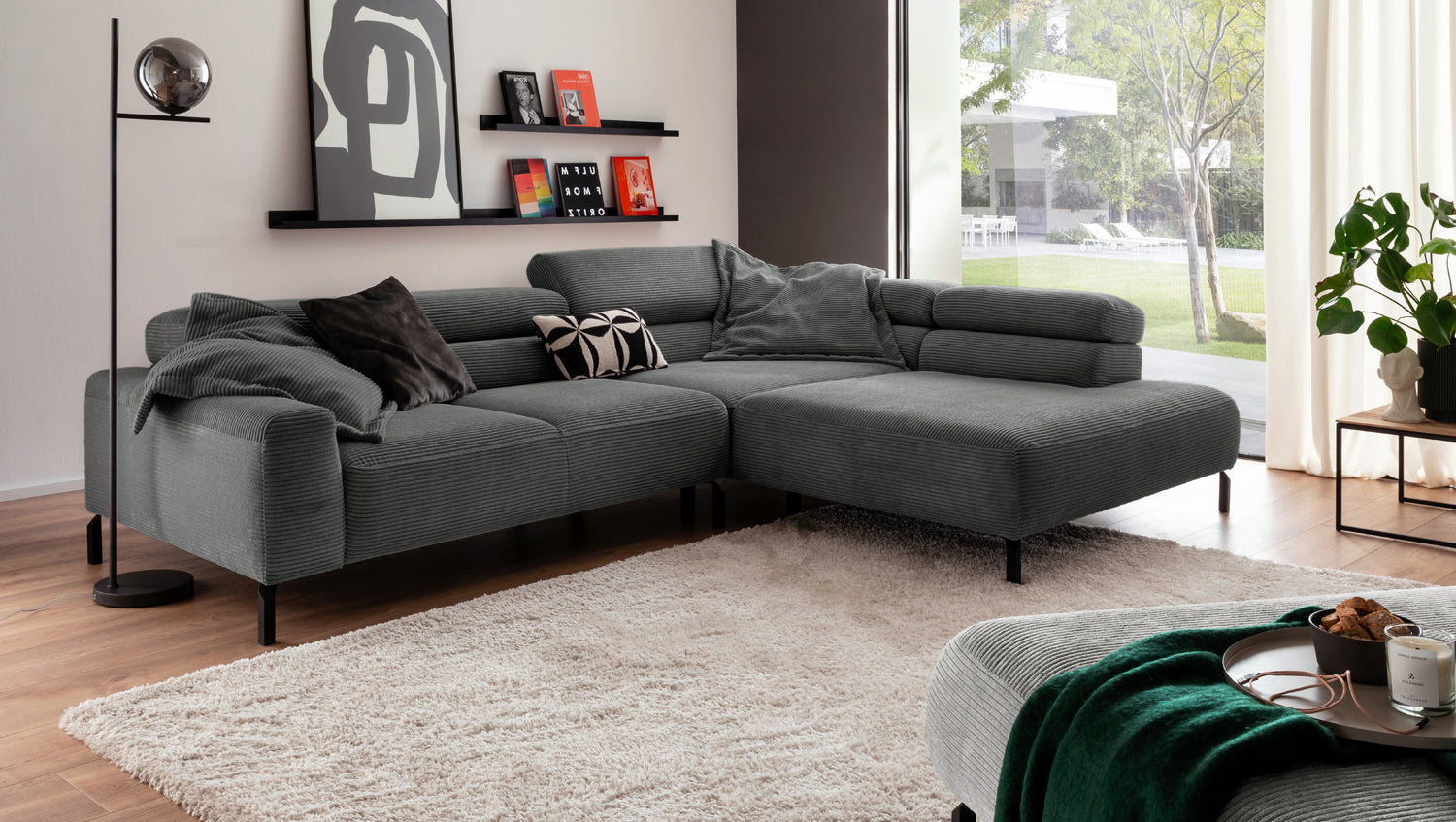 KAWOLA Sofa DELIA Ecksofa Cord grau, 276 x 219, Rechts, Relaxfunktion