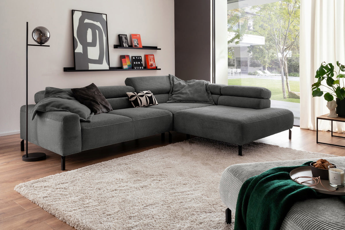 KAWOLA Sofa DELIA Ecksofa Cord grau, 312 x 219, Rechts, Ohne Komfortfunktion