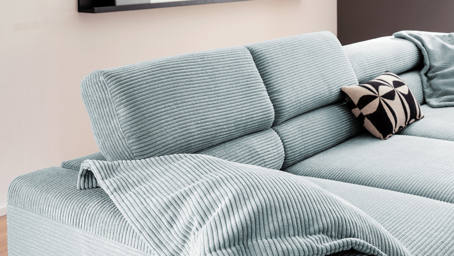 KAWOLA Sofa DELIA Ecksofa Cord hellblau