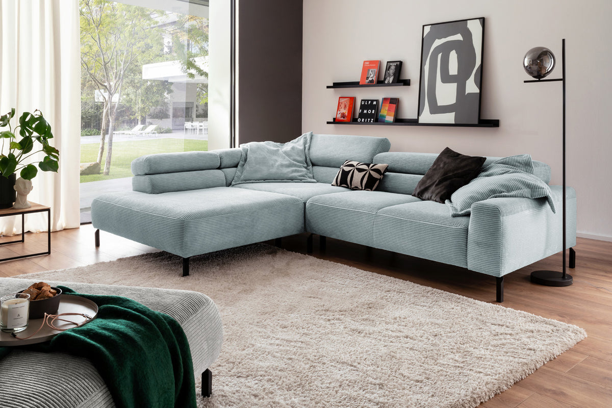 KAWOLA Sofa DELIA Ecksofa Cord hellblau, 276 x 219, Links, Relaxfunktion