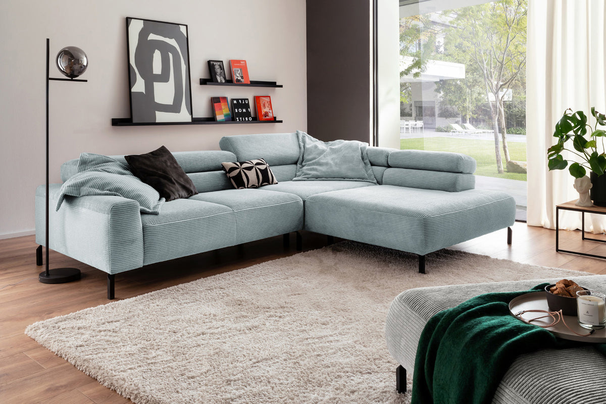 KAWOLA Sofa DELIA Ecksofa Cord hellblau, 276 x 219, Rechts, Relaxfunktion