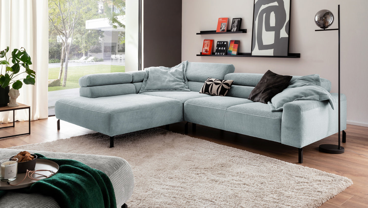 KAWOLA Sofa DELIA Ecksofa Cord hellblau, 312 x 219, Links, Ohne Komfortfunktion