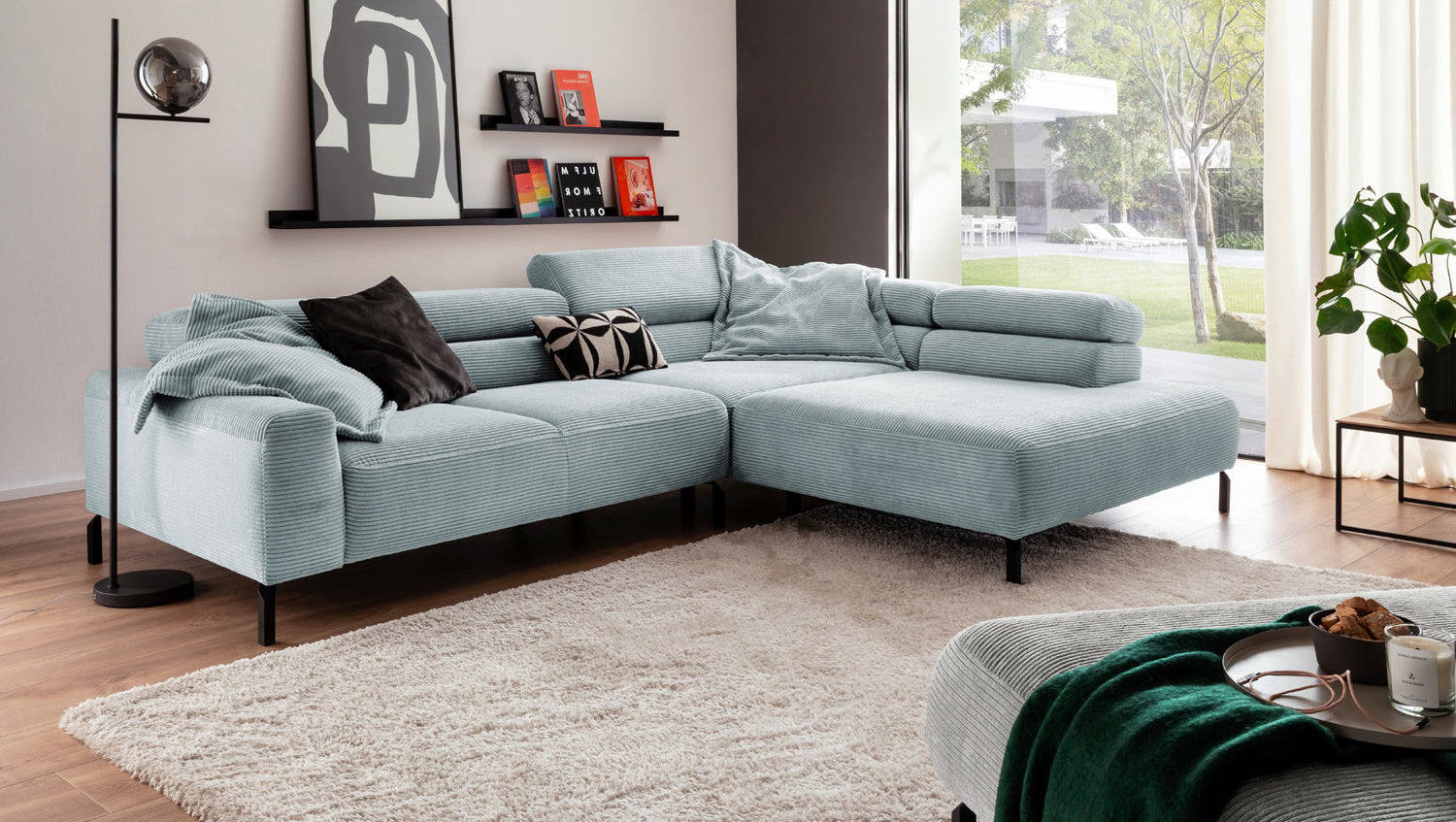 KAWOLA Sofa DELIA Ecksofa Cord hellblau, 312 x 219, Rechts, Ohne Komfortfunktion