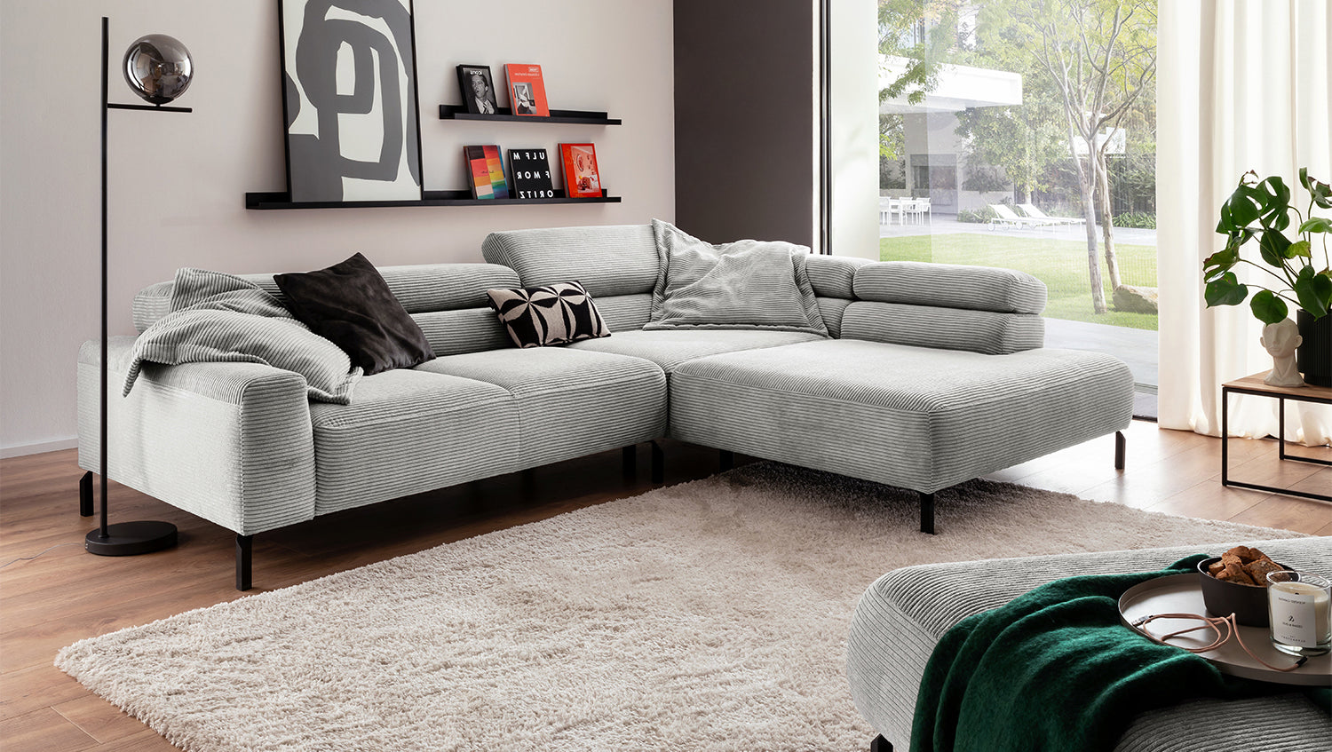 KAWOLA Sofa DELIA Ecksofa Cord hellgrau, 276 x 219, Rechts, Relaxfunktion