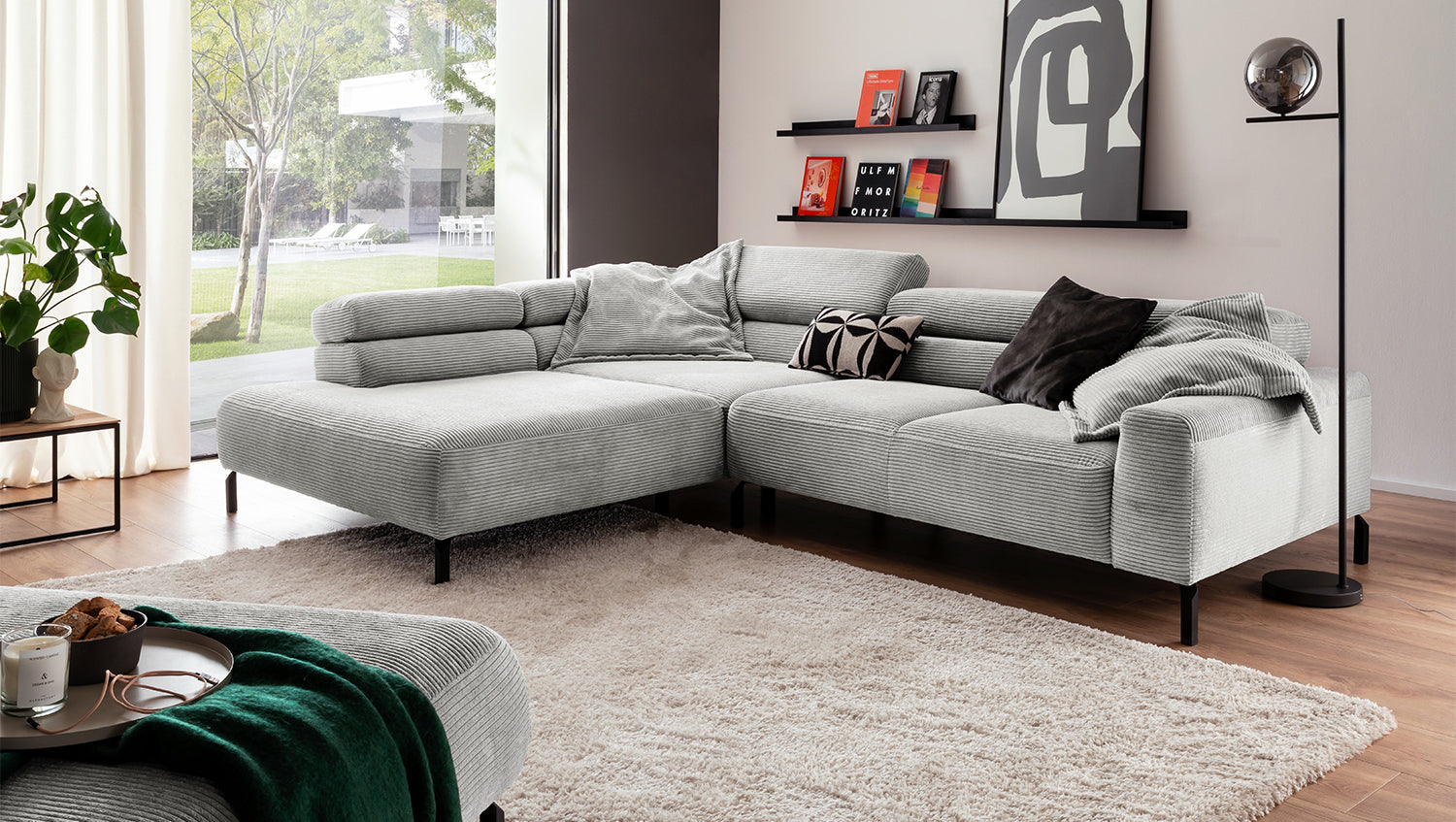 KAWOLA Sofa DELIA Ecksofa Cord hellgrau, 312 x 219, Links, Ohne Komfortfunktion