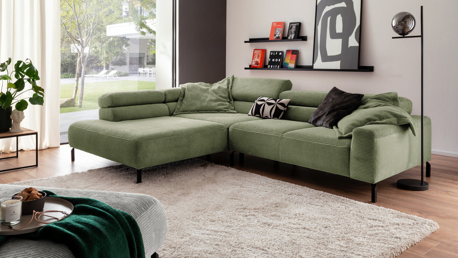 KAWOLA Sofa DELIA Ecksofa Cord olivgrün, 276 x 219, Links, Ohne Komfortfunktion