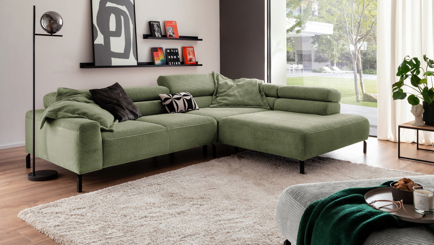 KAWOLA Sofa DELIA Ecksofa Cord olivgrün, 276 x 219, Rechts, Ohne Komfortfunktion