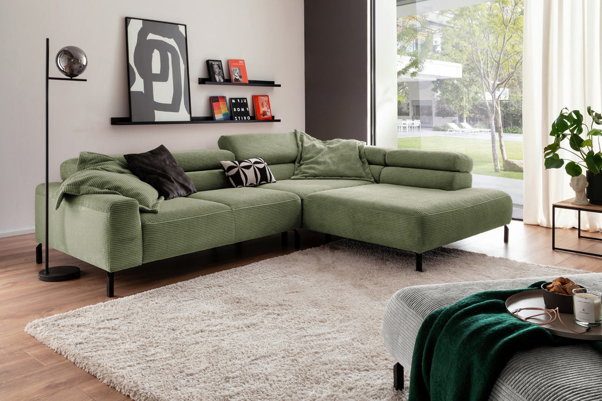 KAWOLA Sofa DELIA Ecksofa Cord olivgrün, 312 x 219, Rechts, Ohne Komfortfunktion