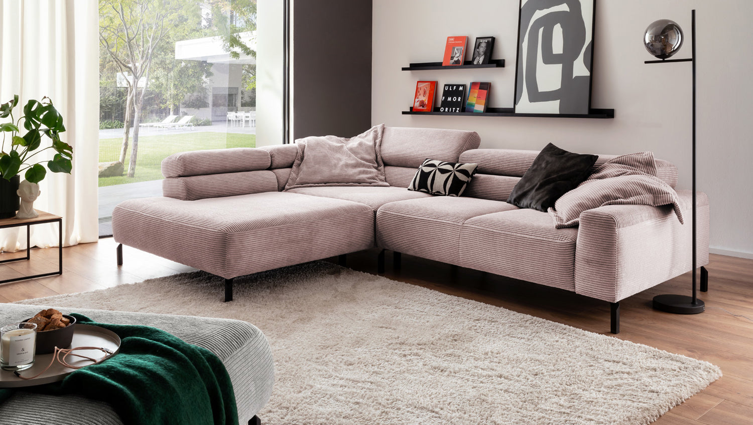 KAWOLA Sofa DELIA Ecksofa Cord rosa, 276 x 219, Links, Ohne Komfortfunktion