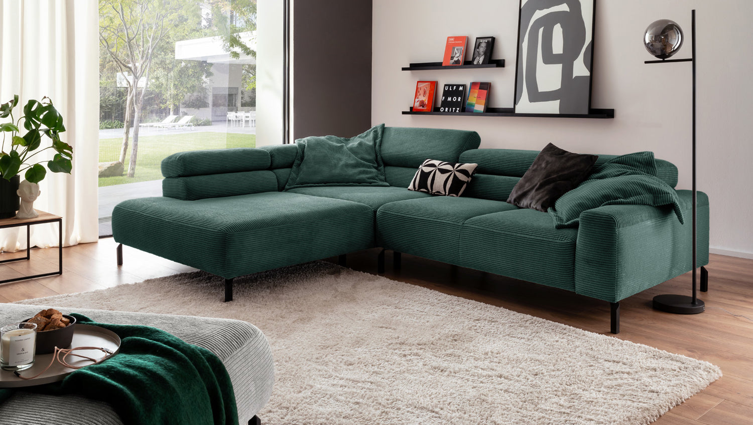 KAWOLA Sofa DELIA Ecksofa Cord smaragd, 276 x 219, Links, Ohne Komfortfunktion