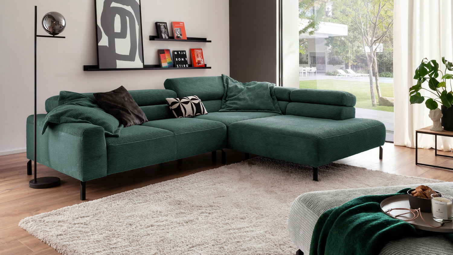 KAWOLA Sofa DELIA Ecksofa Cord smaragd, 276 x 219, Rechts, Ohne Komfortfunktion