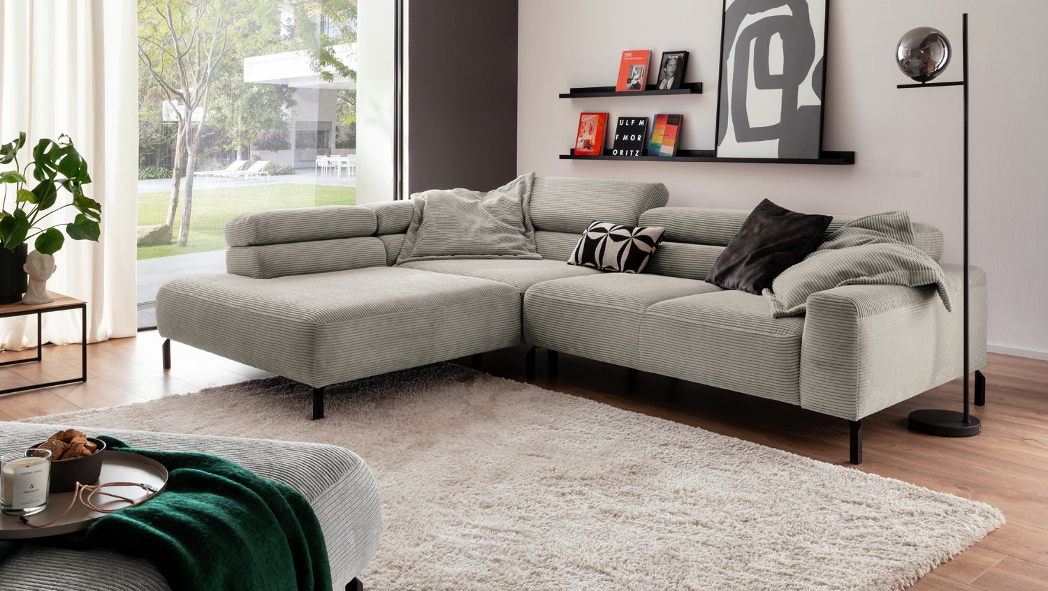KAWOLA Sofa DELIA Ecksofa Cord steingrau, 276 x 219, Links, Relaxfunktion