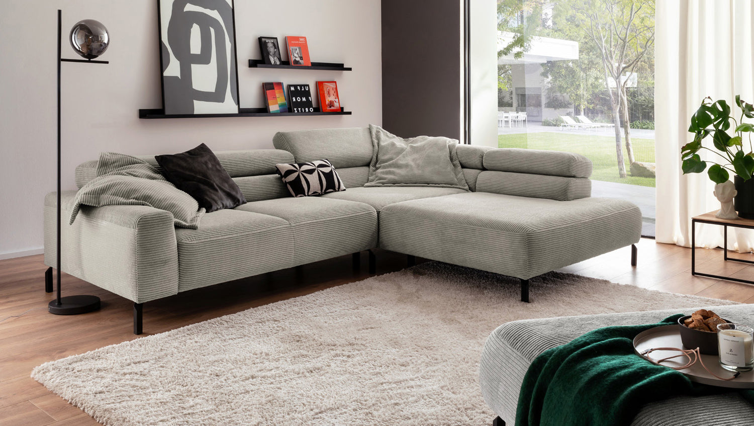 KAWOLA Sofa DELIA Ecksofa Cord steingrau, 312 x 219, Rechts, Relaxfunktion