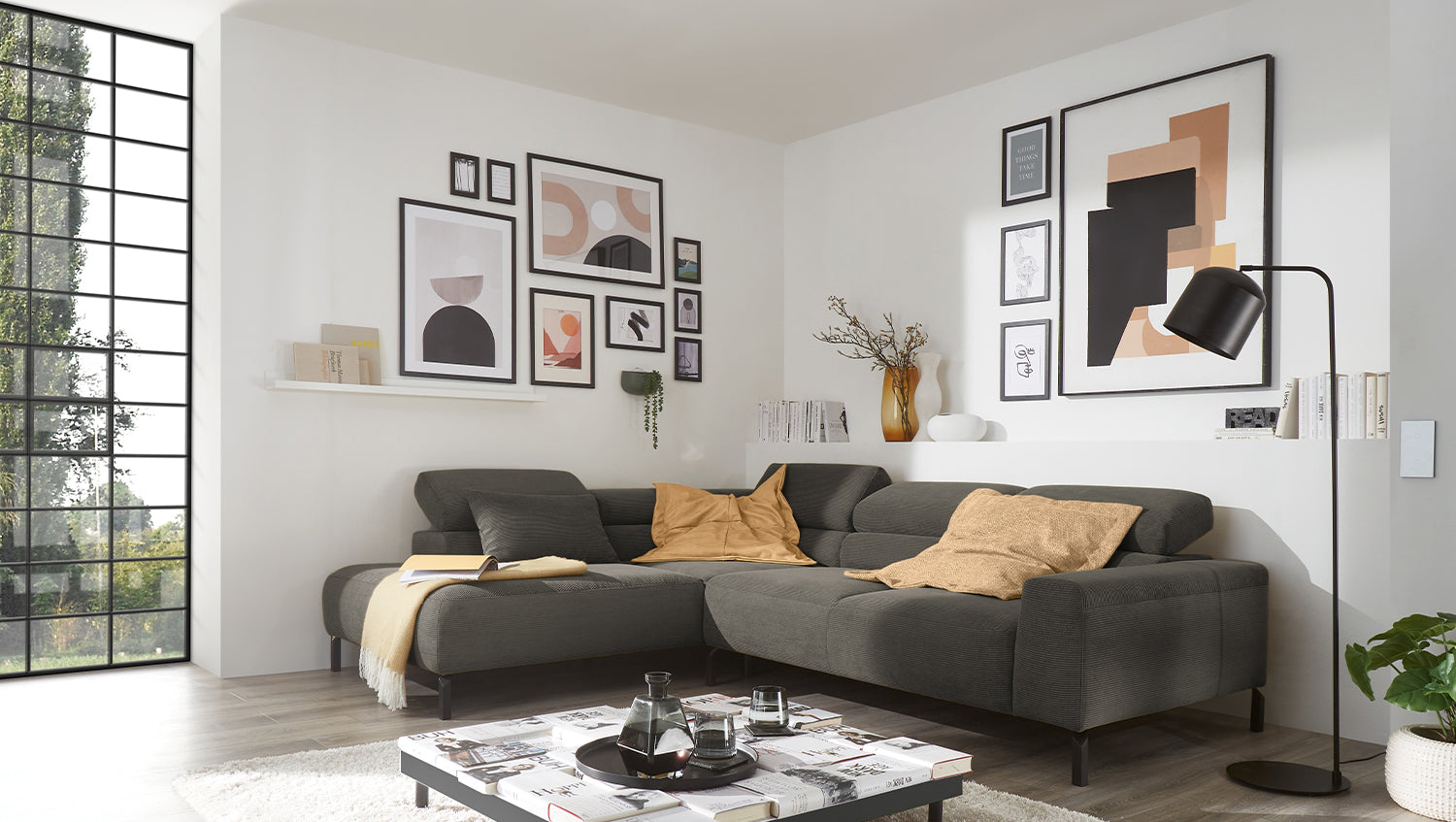KAWOLA Sofa DELIA Ecksofa Feincord anthrazit, Links, Ohne Komfortfunktion