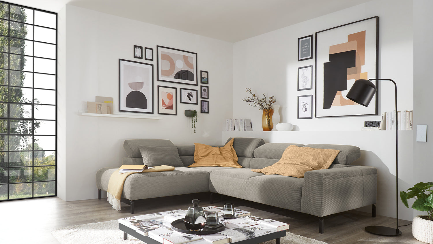 KAWOLA Sofa DELIA Ecksofa Feincord grau, Links, Relaxfunktion