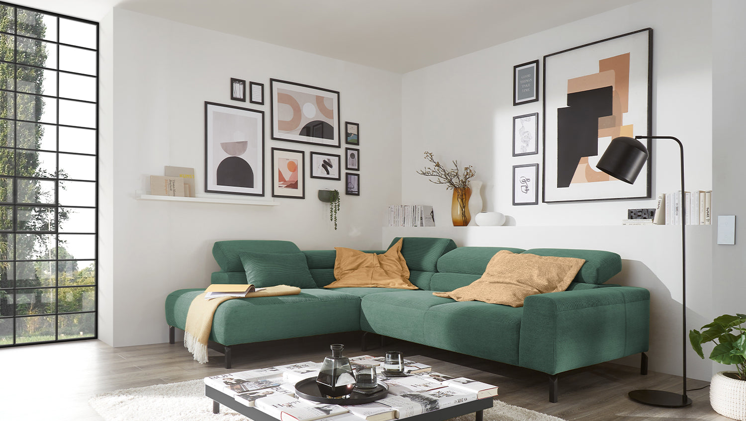 KAWOLA Sofa DELIA Ecksofa Feincord grün, Links, Ohne Komfortfunktion