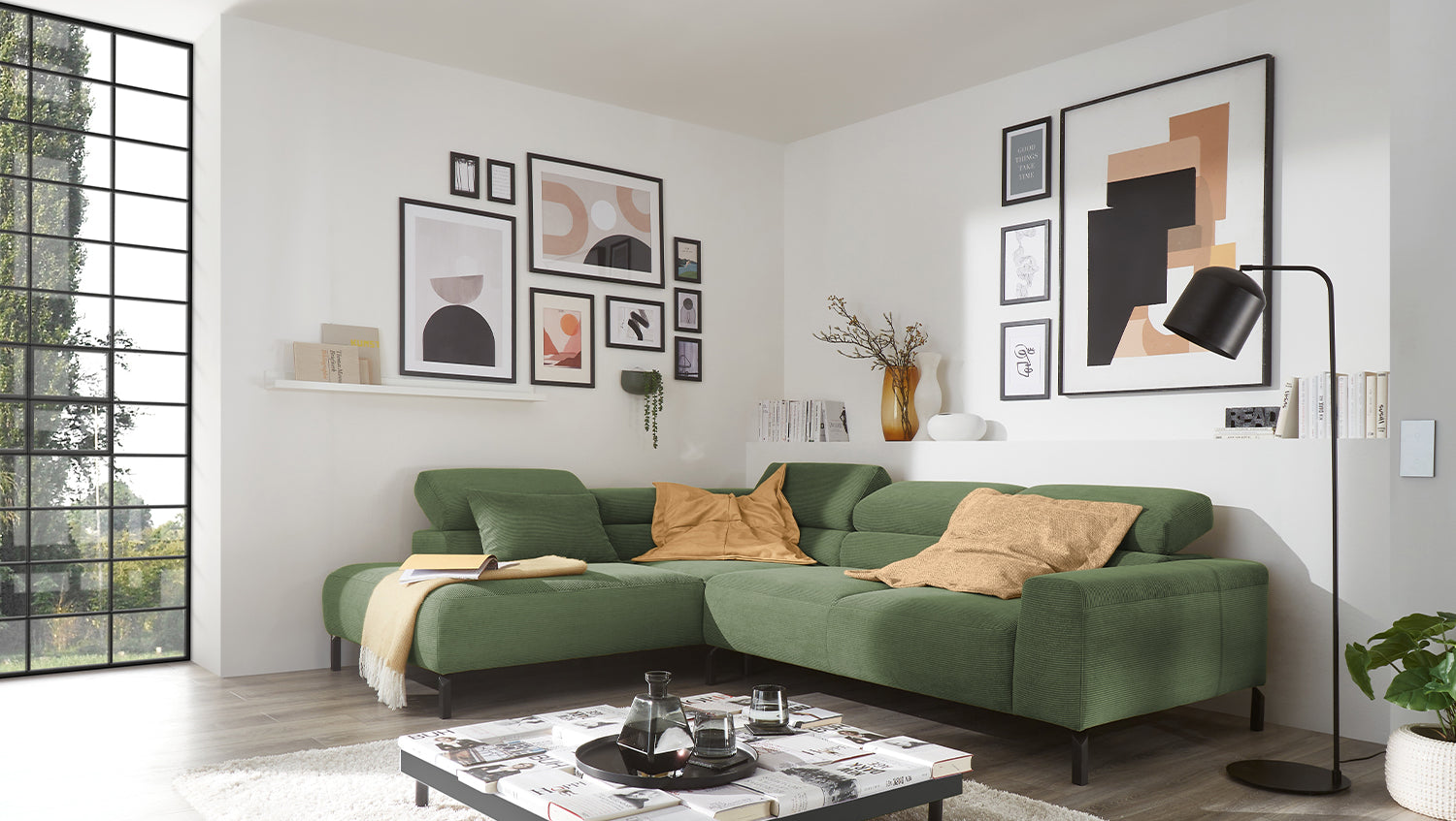 KAWOLA Sofa DELIA Ecksofa Feincord olivgrün, Links, Relaxfunktion