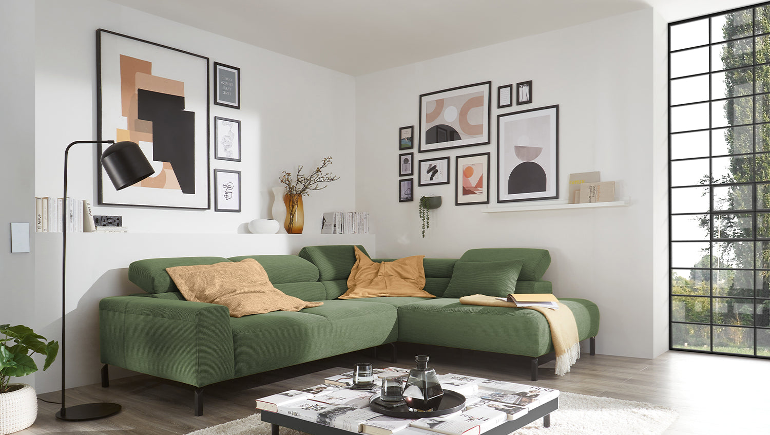 KAWOLA Sofa DELIA Ecksofa Feincord olivgrün, Rechts, Relaxfunktion