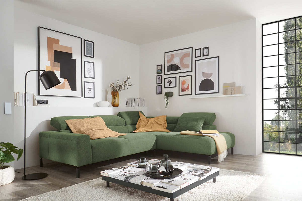 KAWOLA Sofa DELIA Ecksofa Feincord olivgrün, Rechts, Relaxfunktion