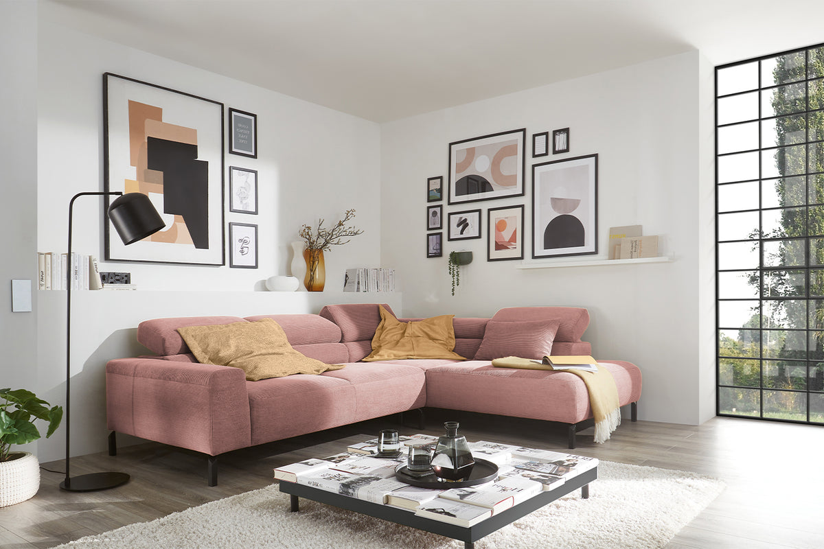 KAWOLA Sofa DELIA Ecksofa Feincord rosa, Rechts, Relaxfunktion