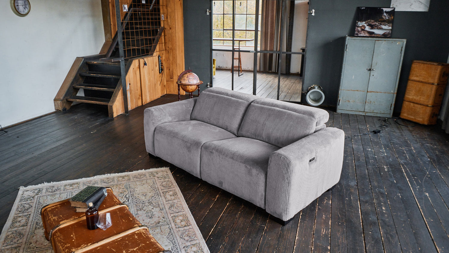 KAWOLA Sofa FINN 3-Sitzer mit Relaxfunktion Cord grau
