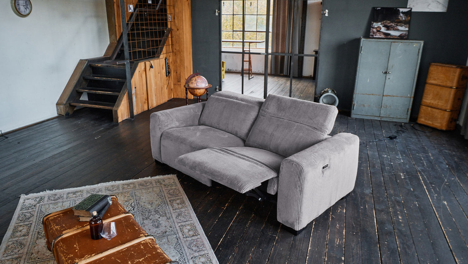 KAWOLA Sofa FINN 3-Sitzer mit Relaxfunktion Cord grau