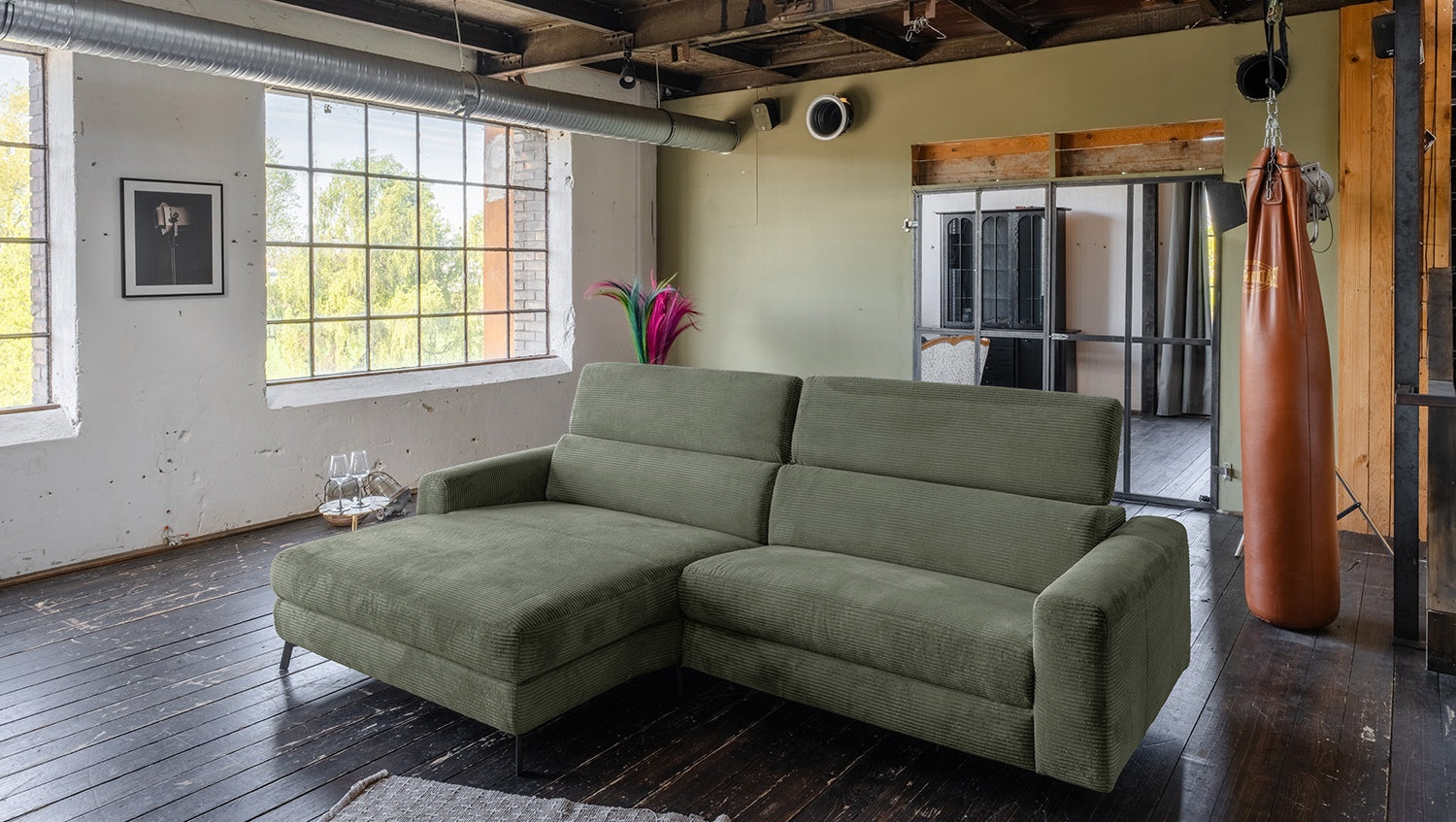 KAWOLA Sofa LAISKA Ecksofa Cord olivgrün, Links