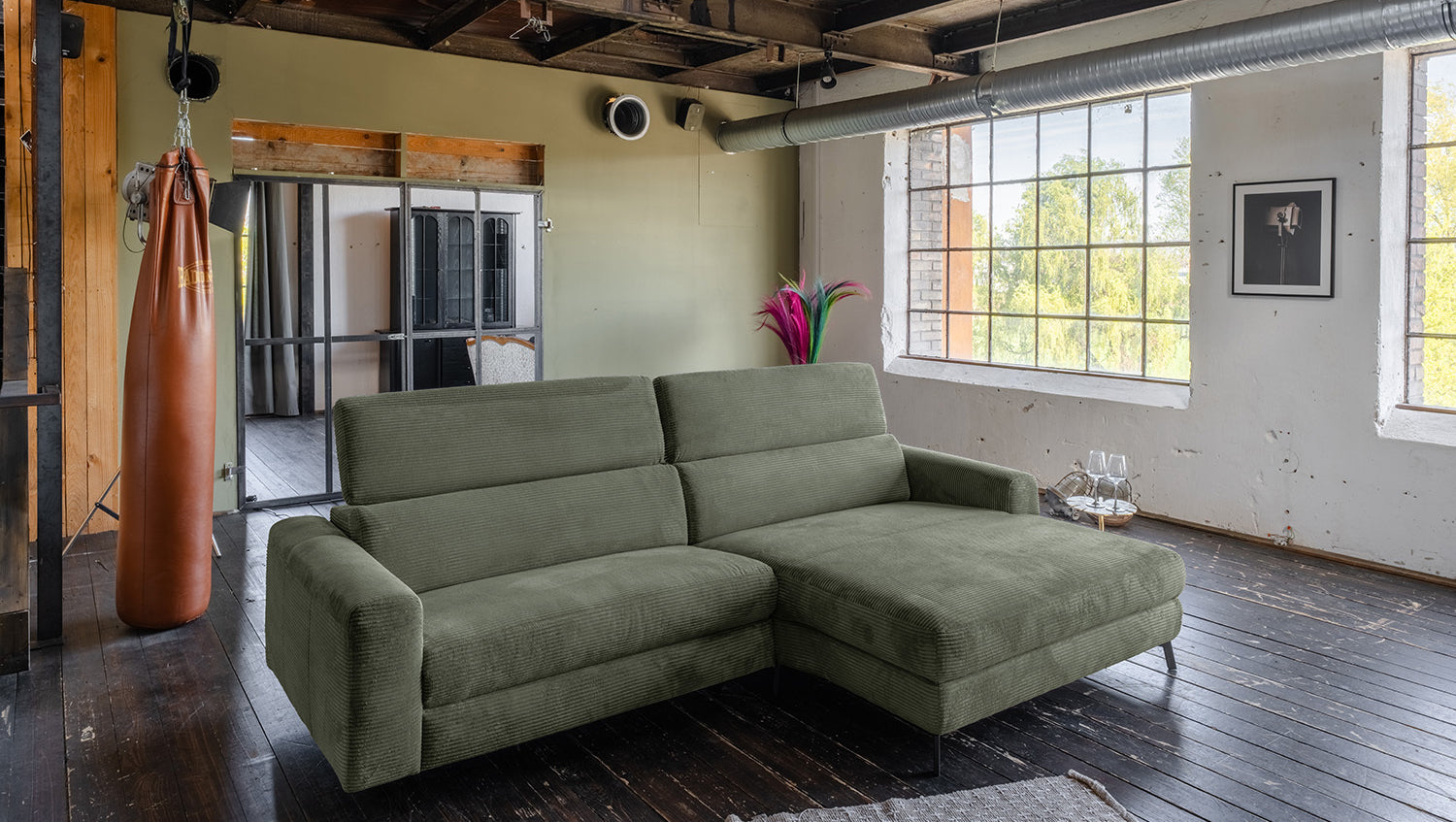 KAWOLA Sofa LAISKA Ecksofa Cord olivgrün, Rechts