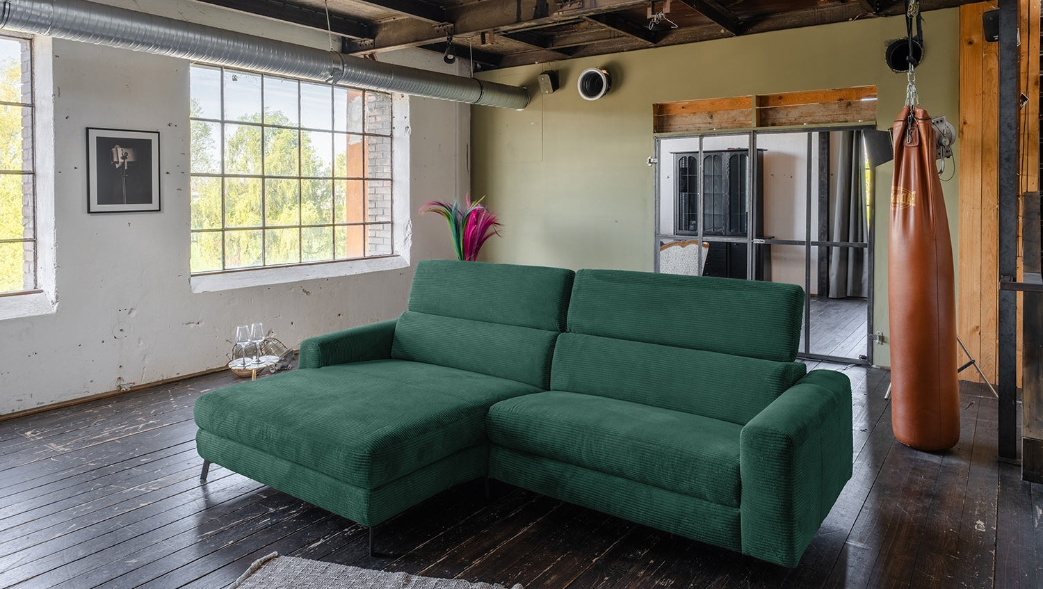KAWOLA Sofa LAISKA Ecksofa Cord smaragd, Links