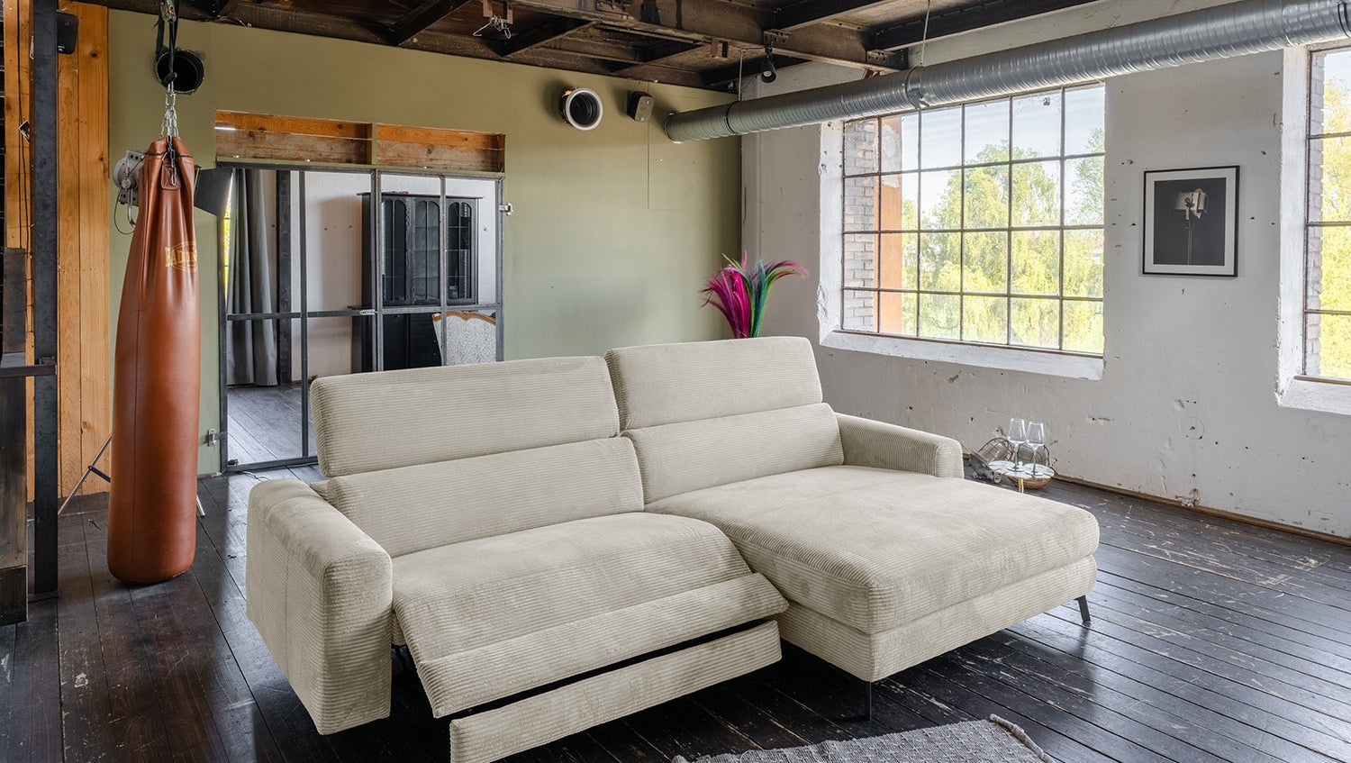 KAWOLA Sofa LAISKA Ecksofa Relaxfunktion teilmotorisch Cord cremeweiß, Rechts