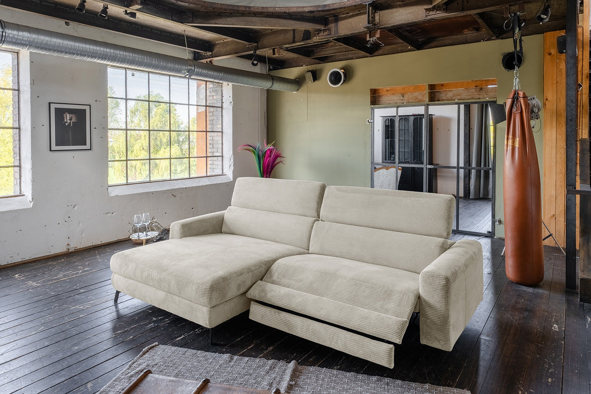 KAWOLA Sofa LAISKA Ecksofa Relaxfunktion teilmotorisch Cord cremeweiß, Links
