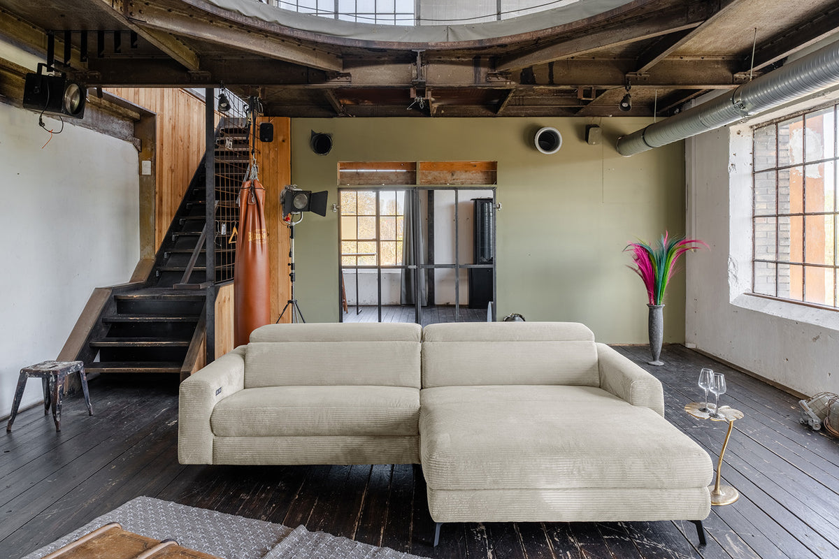 KAWOLA Sofa LAISKA Ecksofa Relaxfunktion teilmotorisch Cord cremeweiß
