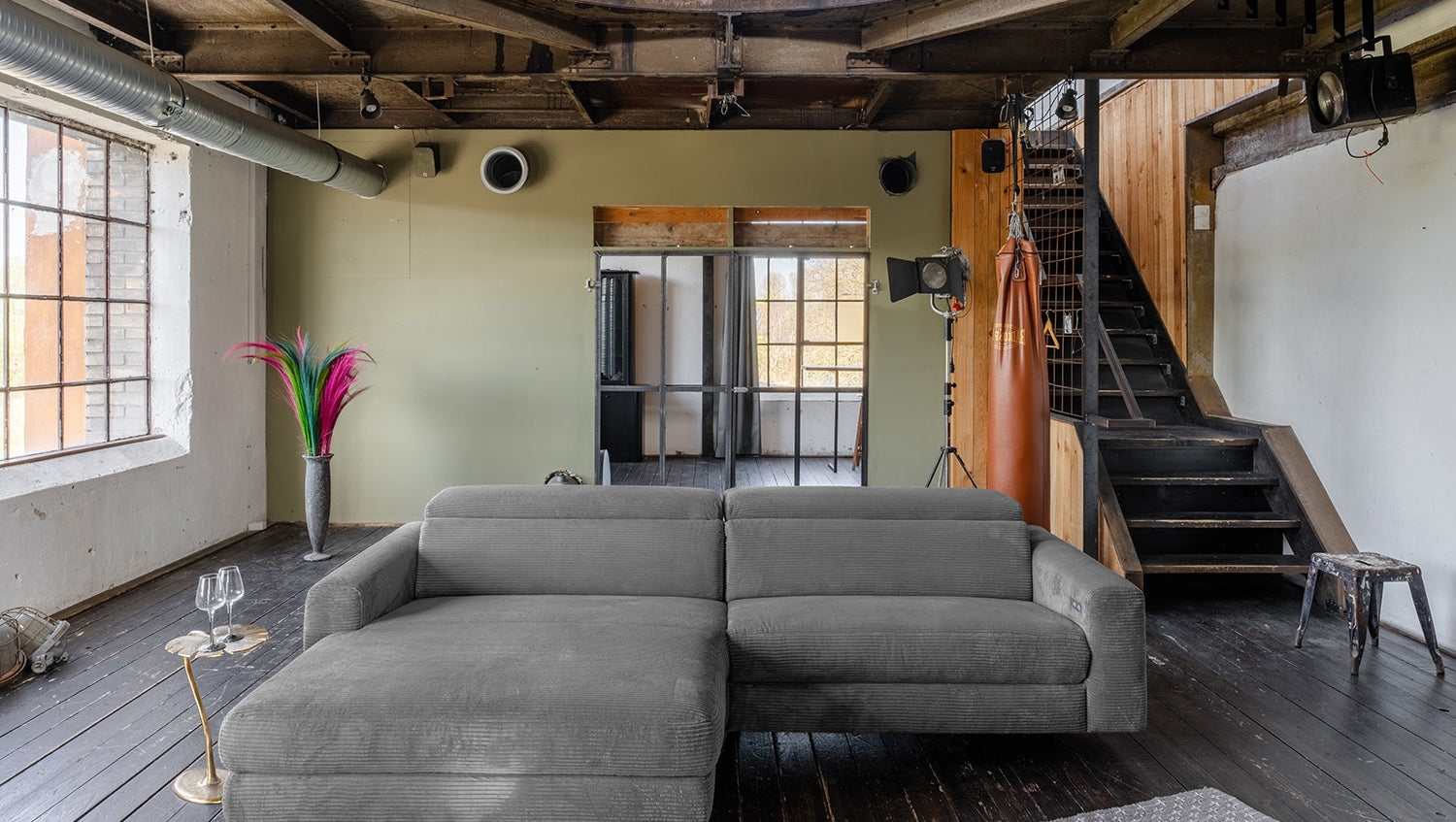 KAWOLA Sofa LAISKA Ecksofa Relaxfunktion teilmotorisch Cord grau
