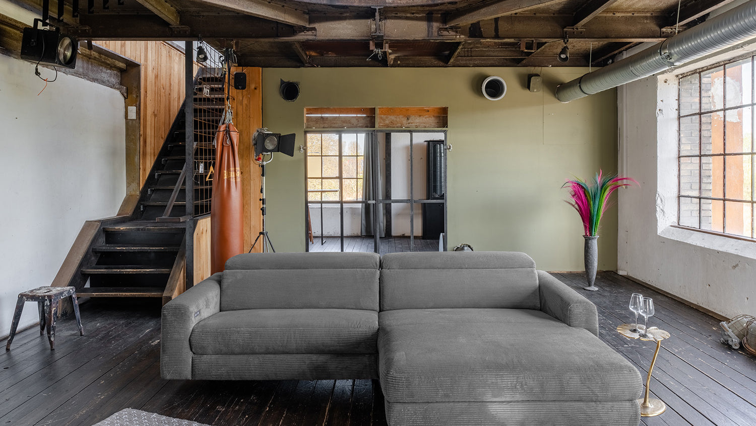 KAWOLA Sofa LAISKA Ecksofa Relaxfunktion teilmotorisch Cord grau